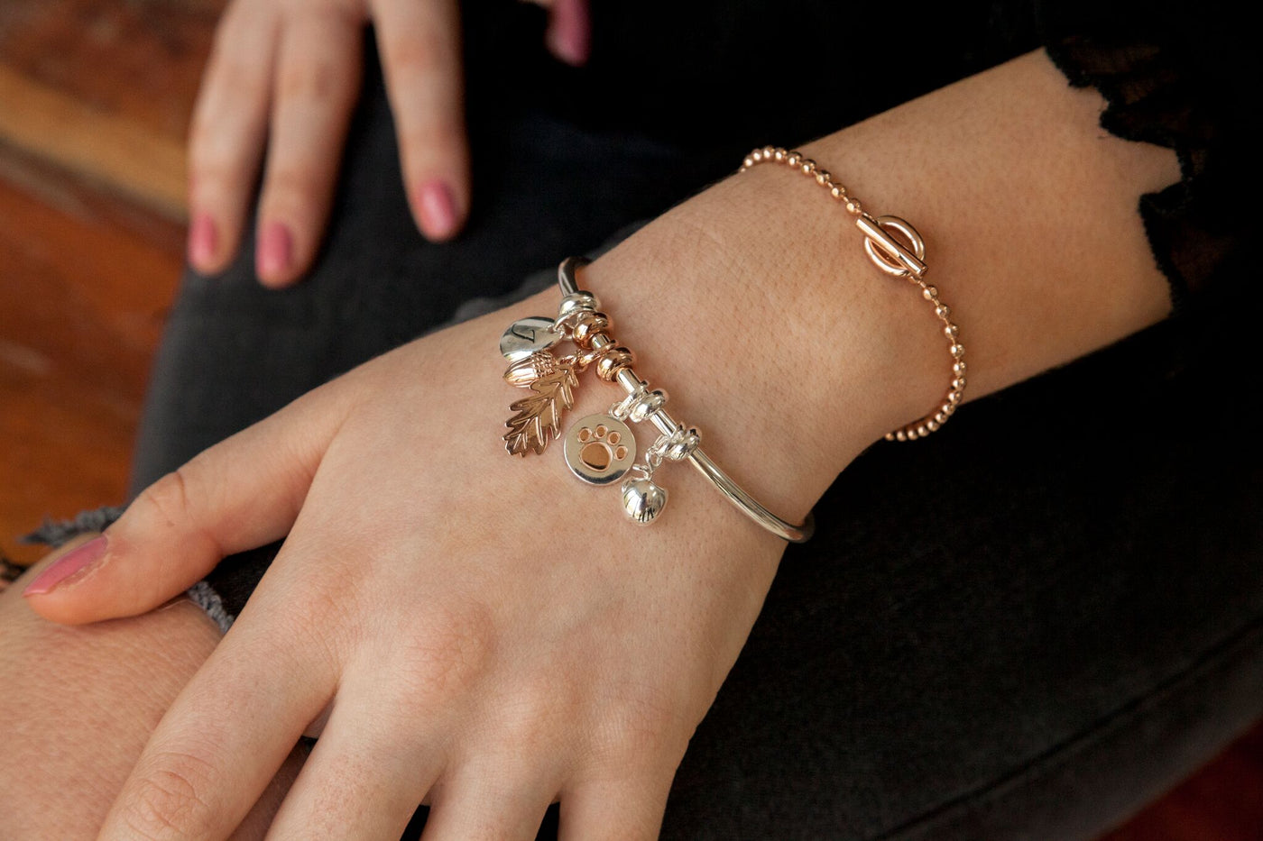 Rose Gold T-Bar Beaded Bracelet image 1