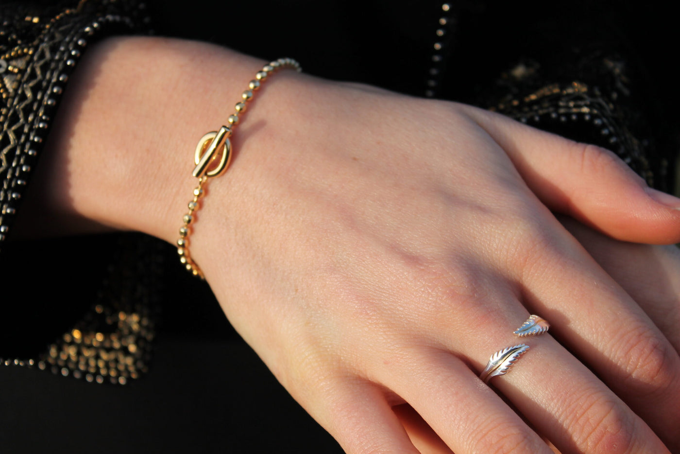 Yellow Gold T Bar Beaded Bracelet image 1