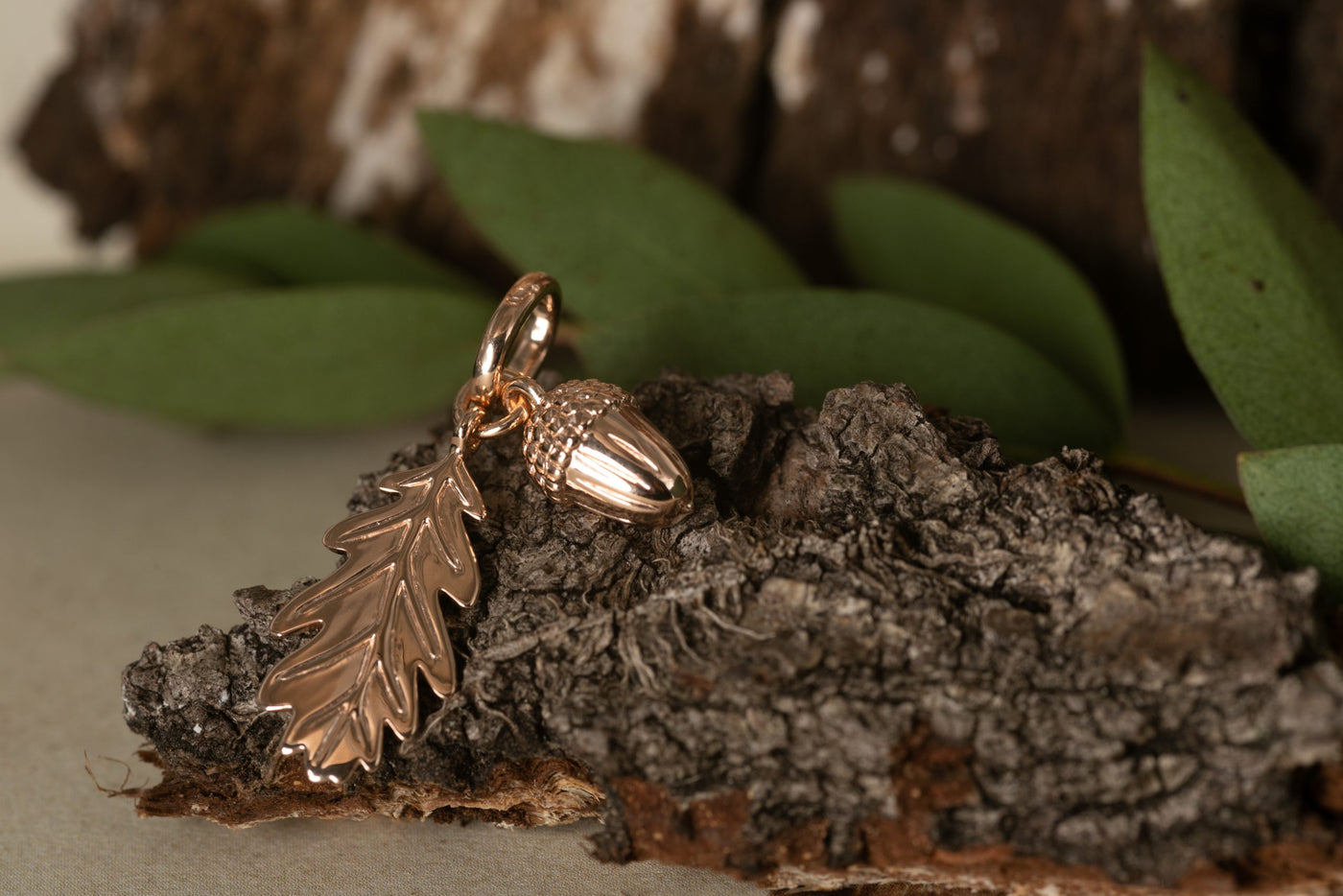Rose Gold Acorn And Leaf Charm