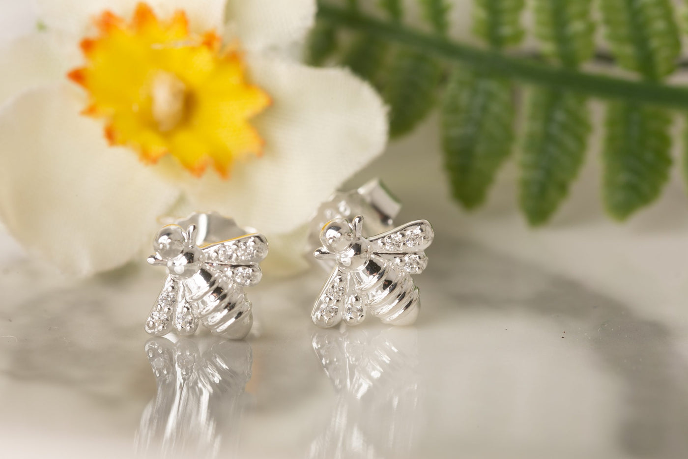 Silver Sparkly Bee Stud Earrings