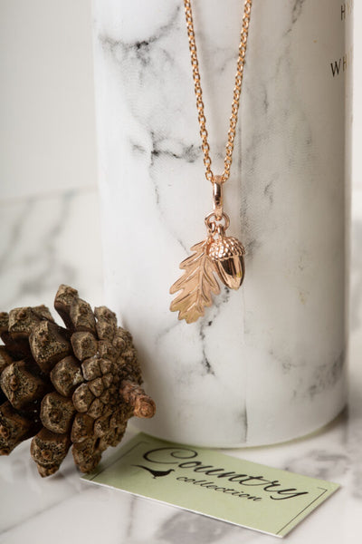Rose Gold Acorn And Leaf Pendant