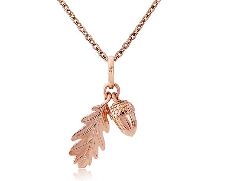 Rose Gold Acorn And Leaf Pendant